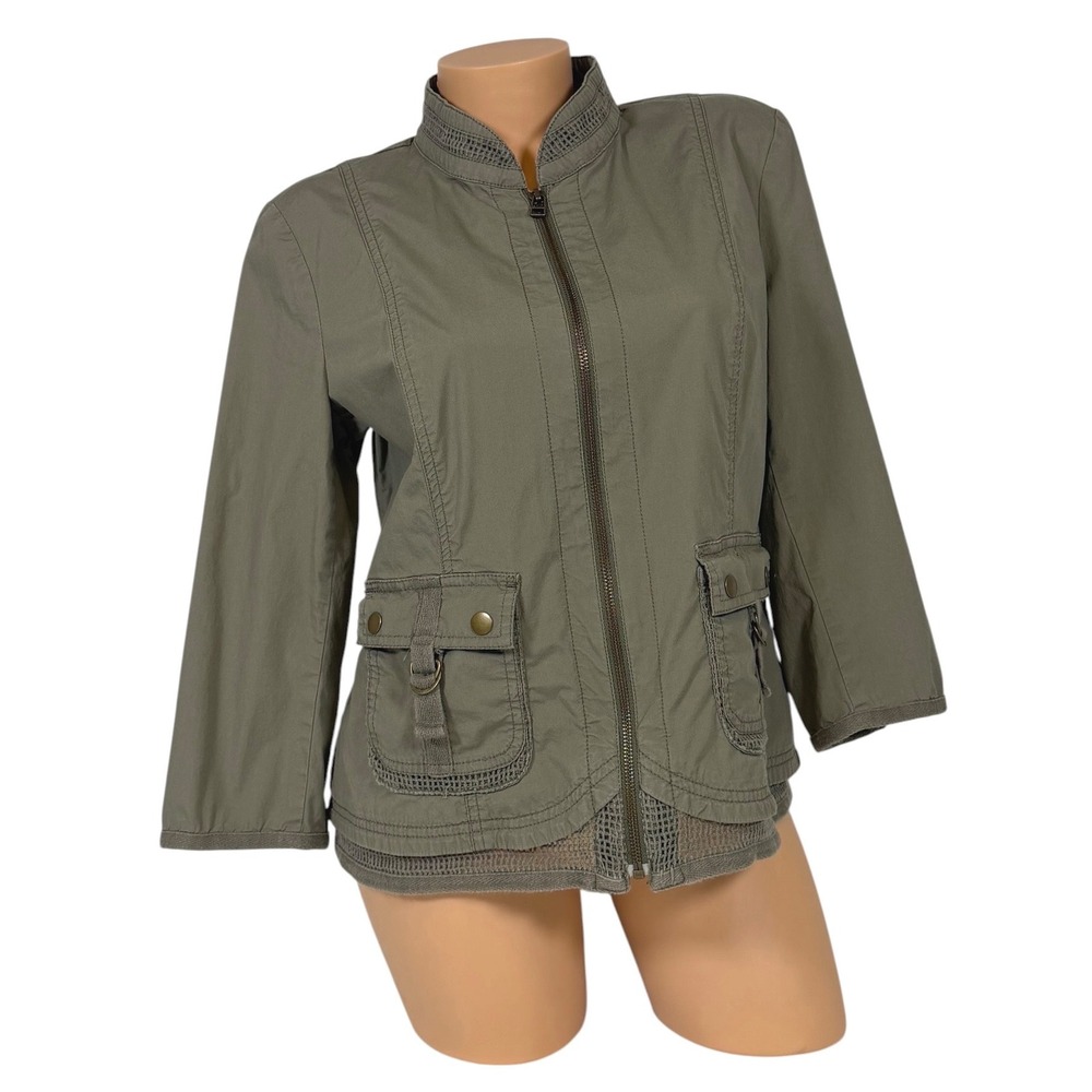 Chico's Olive Green Utility Zip Up Jacket Mesh Trim‎ 3/4 Sleeve Size 1 Medium